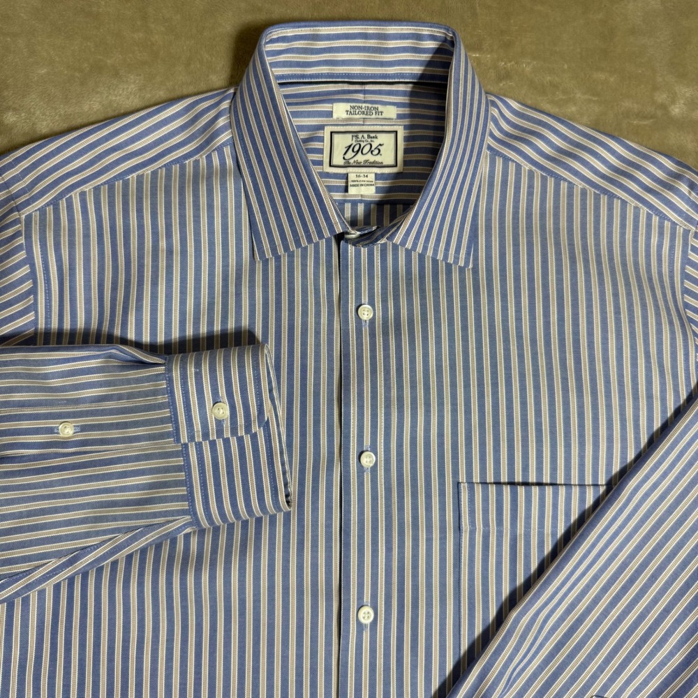 Jos. A. Bank 1905 Tailored Fit Non-Iron Striped Dress Shirt Blue Tan 16-34